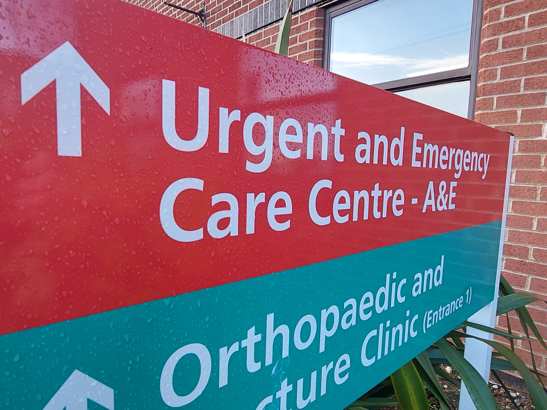 Urgent and emergency care centre and orthopaedic and fracture clinic sign at Ipswich Hospital